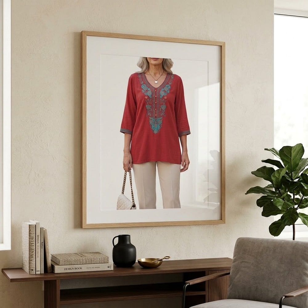 AK Embroidered Tunic Tops for Women,3/4 Sleeve V Neck Mexican Shirts