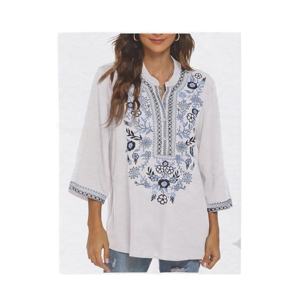 AK Women Embroidered Tops 3/4 Sleeve V Neck Tunic Blouses