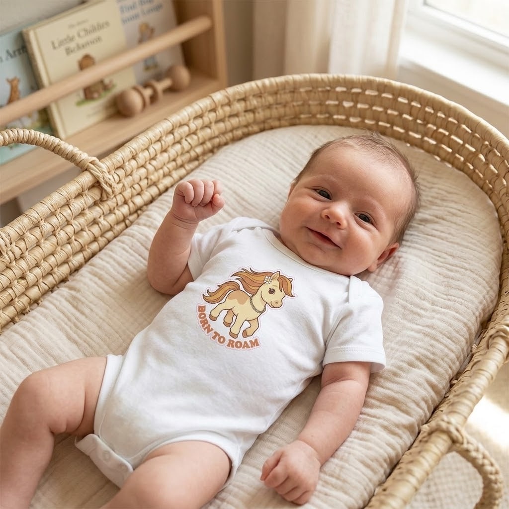 Born To Roam — Nostalgic Retro Pony & Wildflower Baby Bodysuit