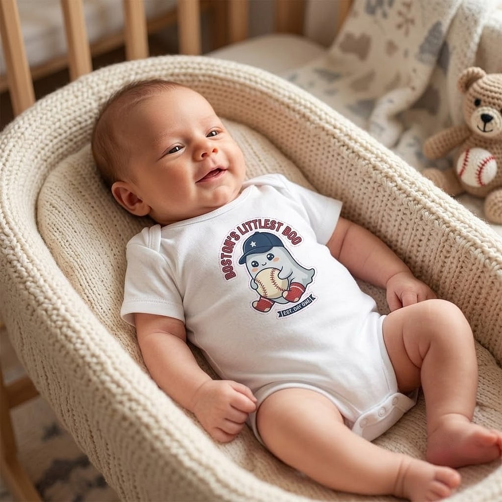 Boston's Littlest Boo — Cute Ghost in Red Socks Baseball Baby Bodysuit