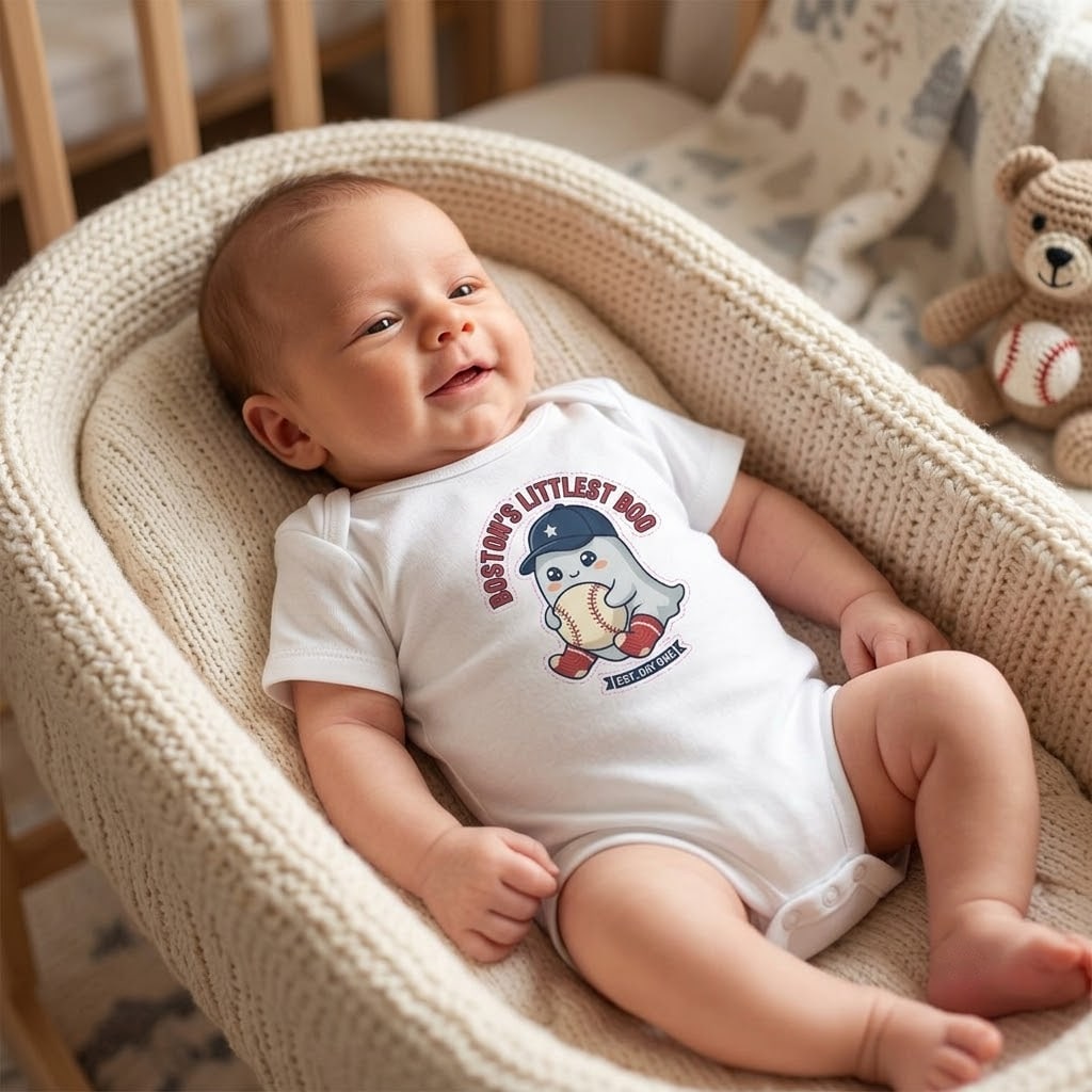 Boston's Littlest Boo — Cute Ghost in Red Socks Baseball Baby Bodysuit