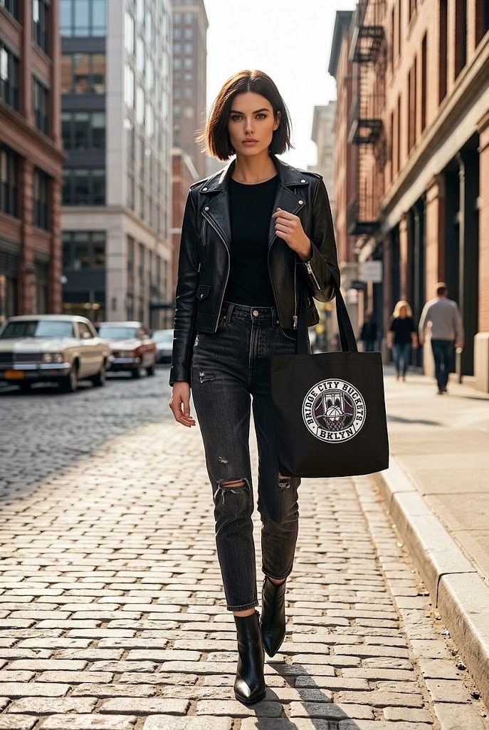 Bridge City Buckets — Bold Brooklyn Monochrome Basketball Crest Canvas Tote