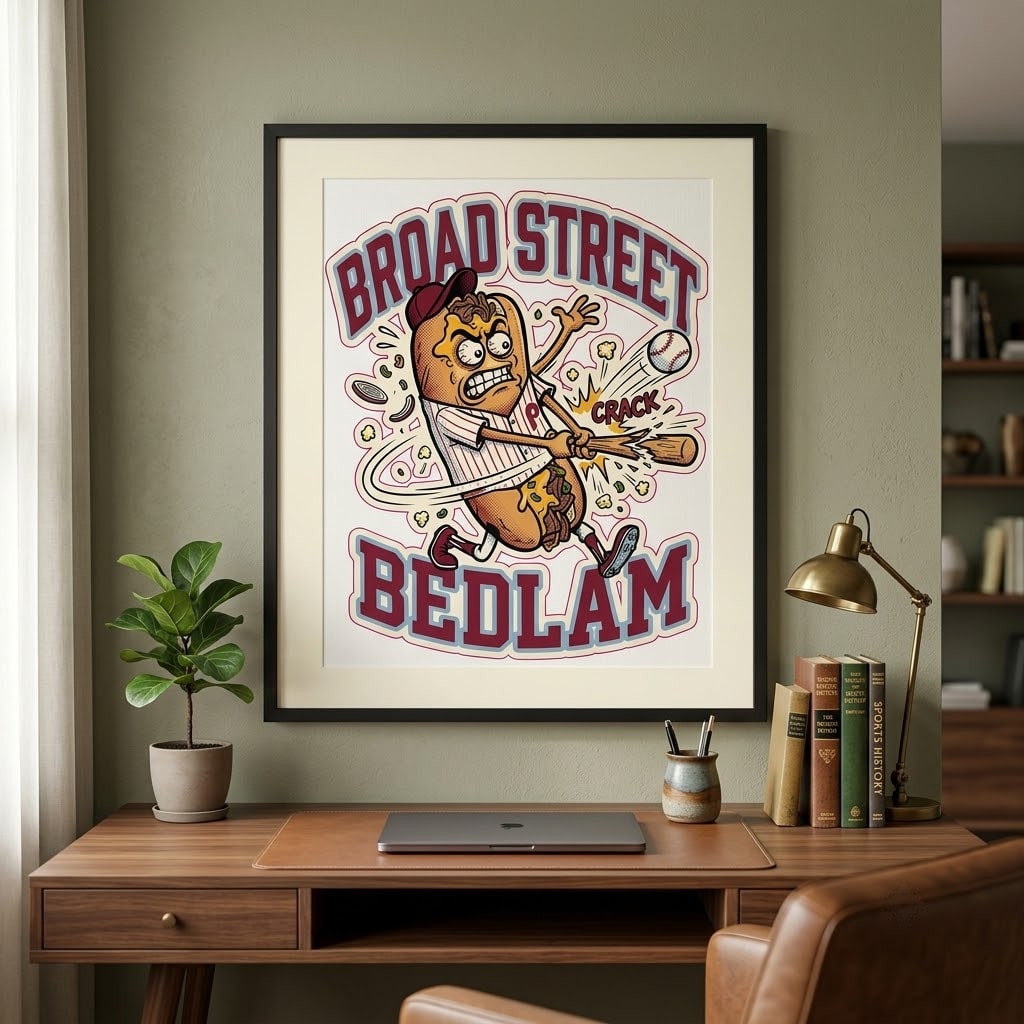Broad Street Bedlam — Chaotic Philly Cheesesteak Slugger Stretched Canvas