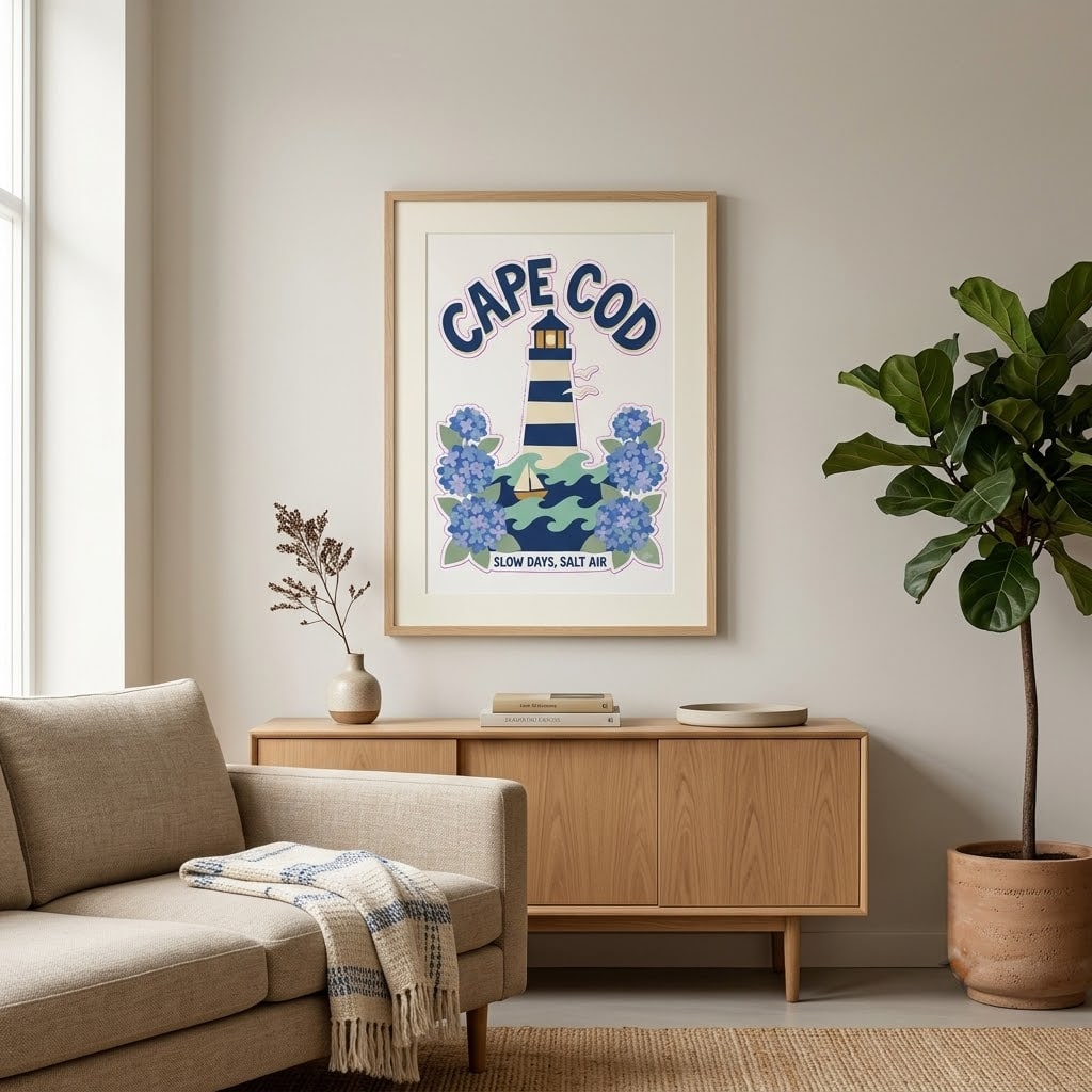 Cape Cod — Slow Days, Salt Air Retro Cut-Paper Lighthouse Matte Poster