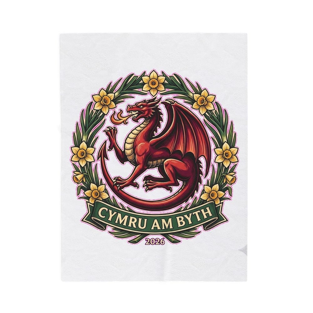 Cymru Am Byth — Dramatic Coiled Red Dragon & Daffodil Crest Plush Blanket