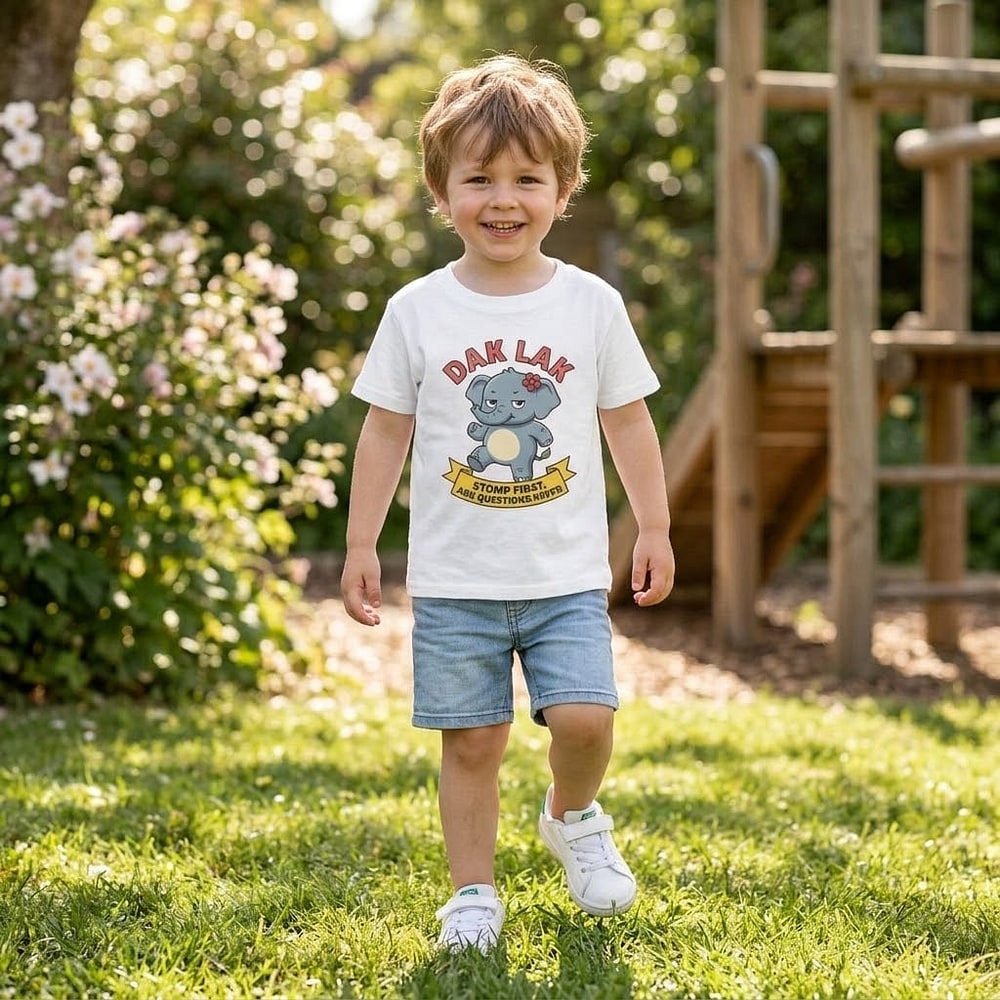 Dak Lak — Stomp First, Ask Questions Never Mischievous Baby Elephant Kids Tee