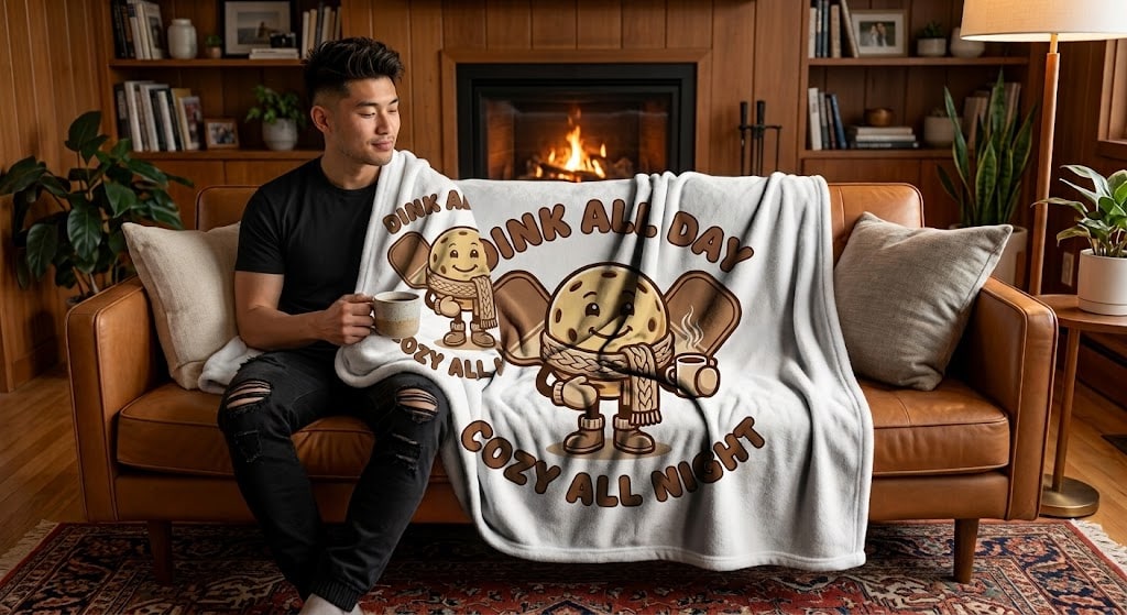 Dink All Day, Cozy All Night — Fireside Pickleball Buddy Plush Blanket