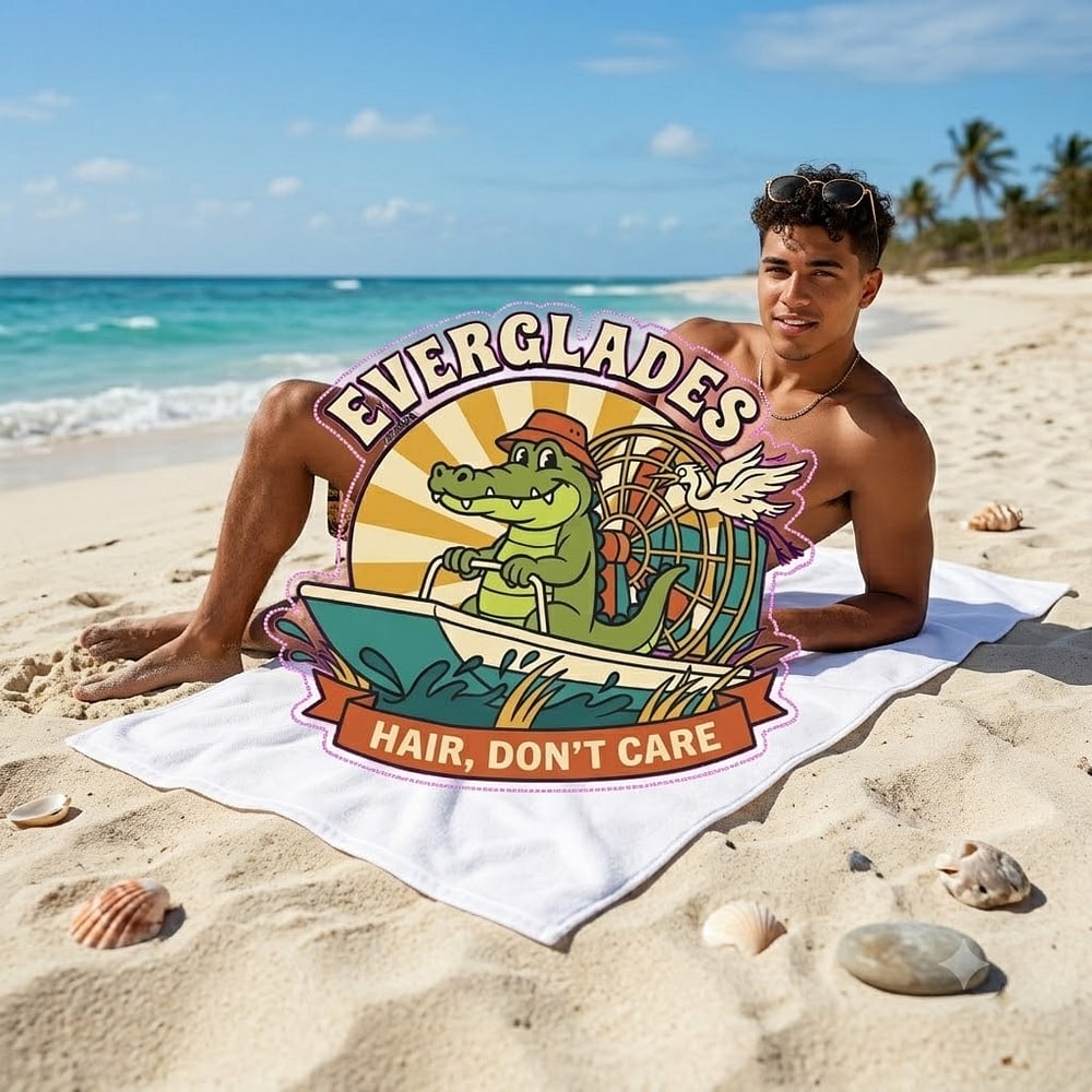 Everglades — Airboat Hair, Don't Care Whimsical Gator Captain Beach Towel
