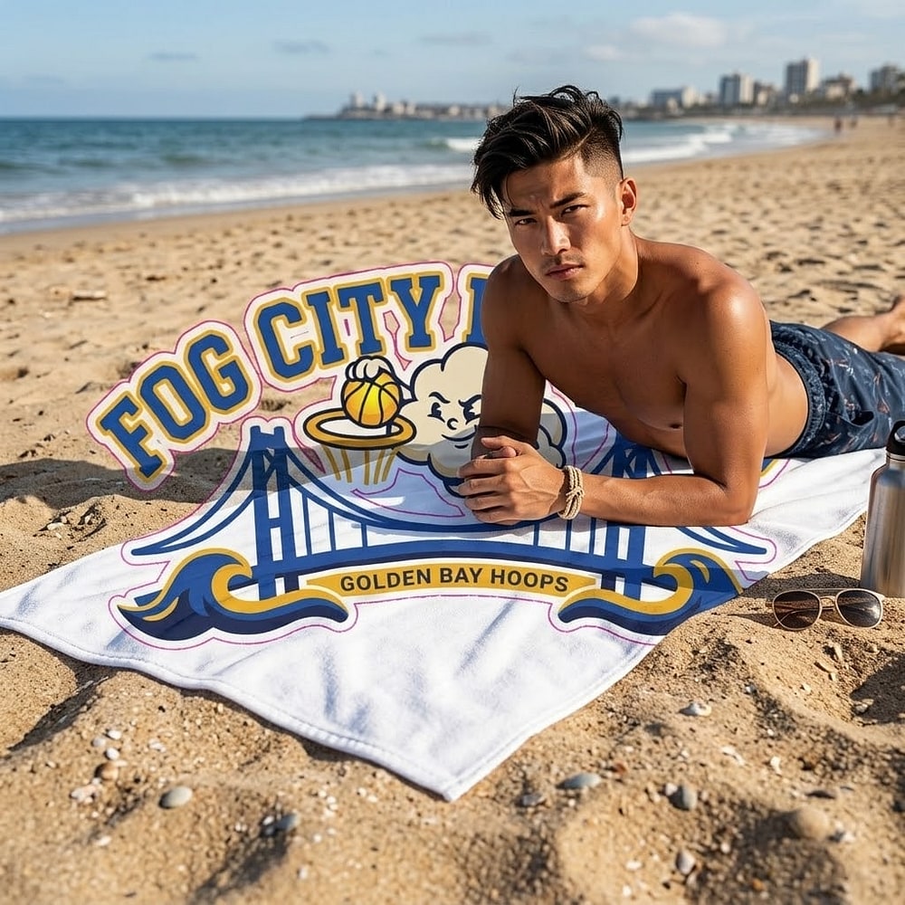 Fog City Buckets — Whimsical Bay Fog Cloud Dunking Basketball Beach Towel