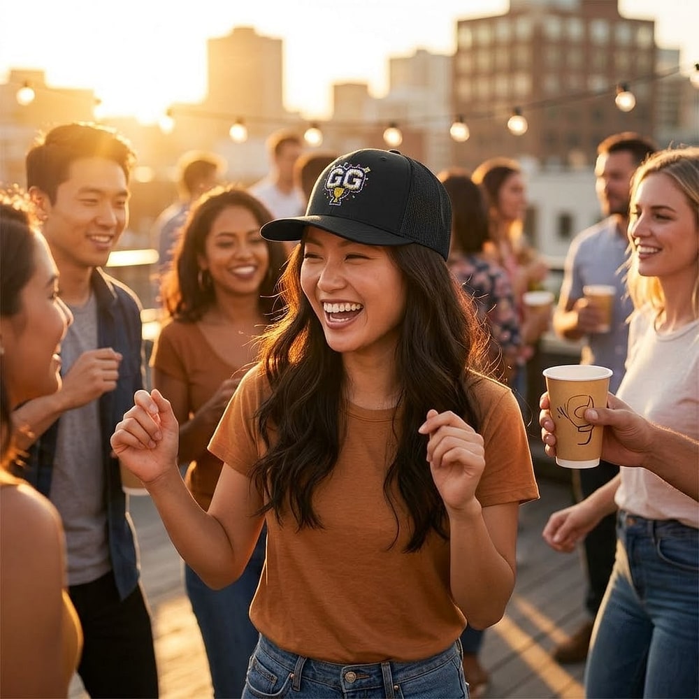 GG Confetti Cup — Festive Pixel Victory Emblem Snapback Cap