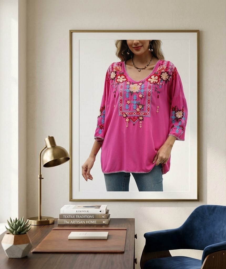 Grosy Boho Embroidered Mexican Tops for Women Bohemian Clothes, Plus Size Peasant Blouse Hippie Shirt 3/4 Sleeve Tunic