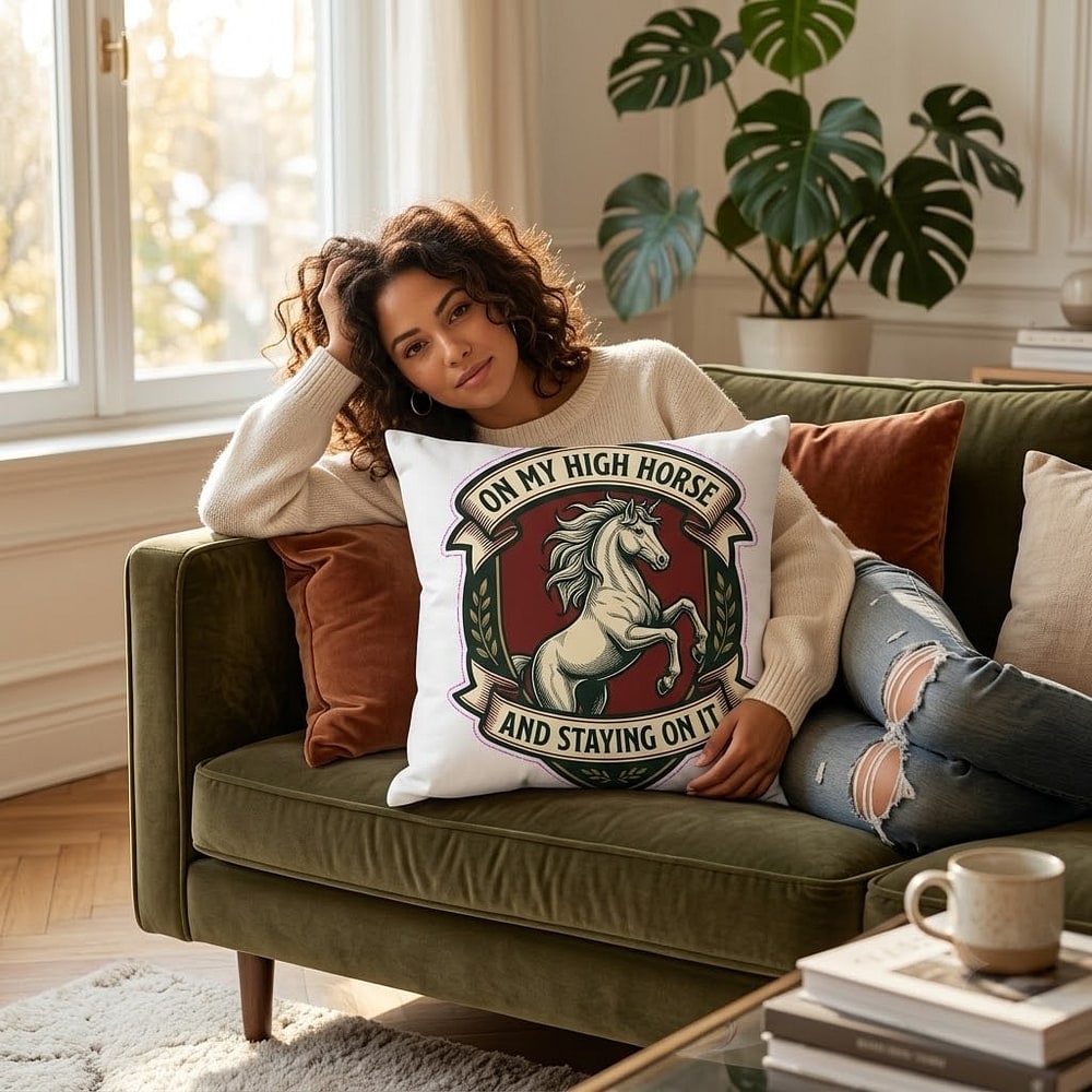 High Horse, Staying On It — Sassy Vintage Equestrian Crest Throw Pillow