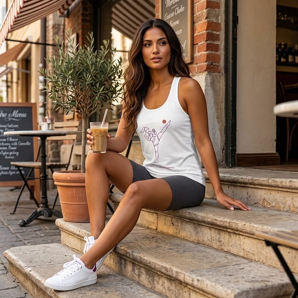 High Kicks, Higher Standards — Minimalist Kickboxing Line Art Women's Racerback Tank