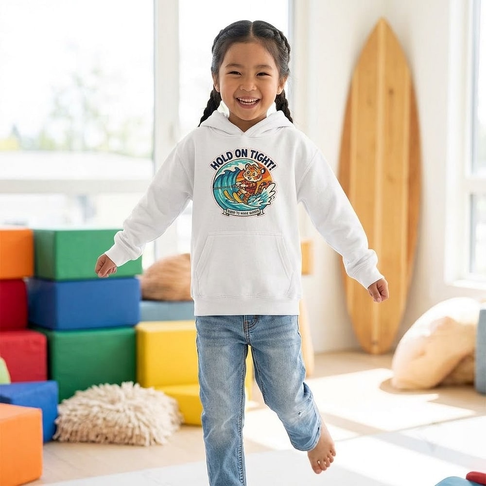 Hold On Tight! — Dramatic Wave-Riding Tiger Cub Kids Hoodie