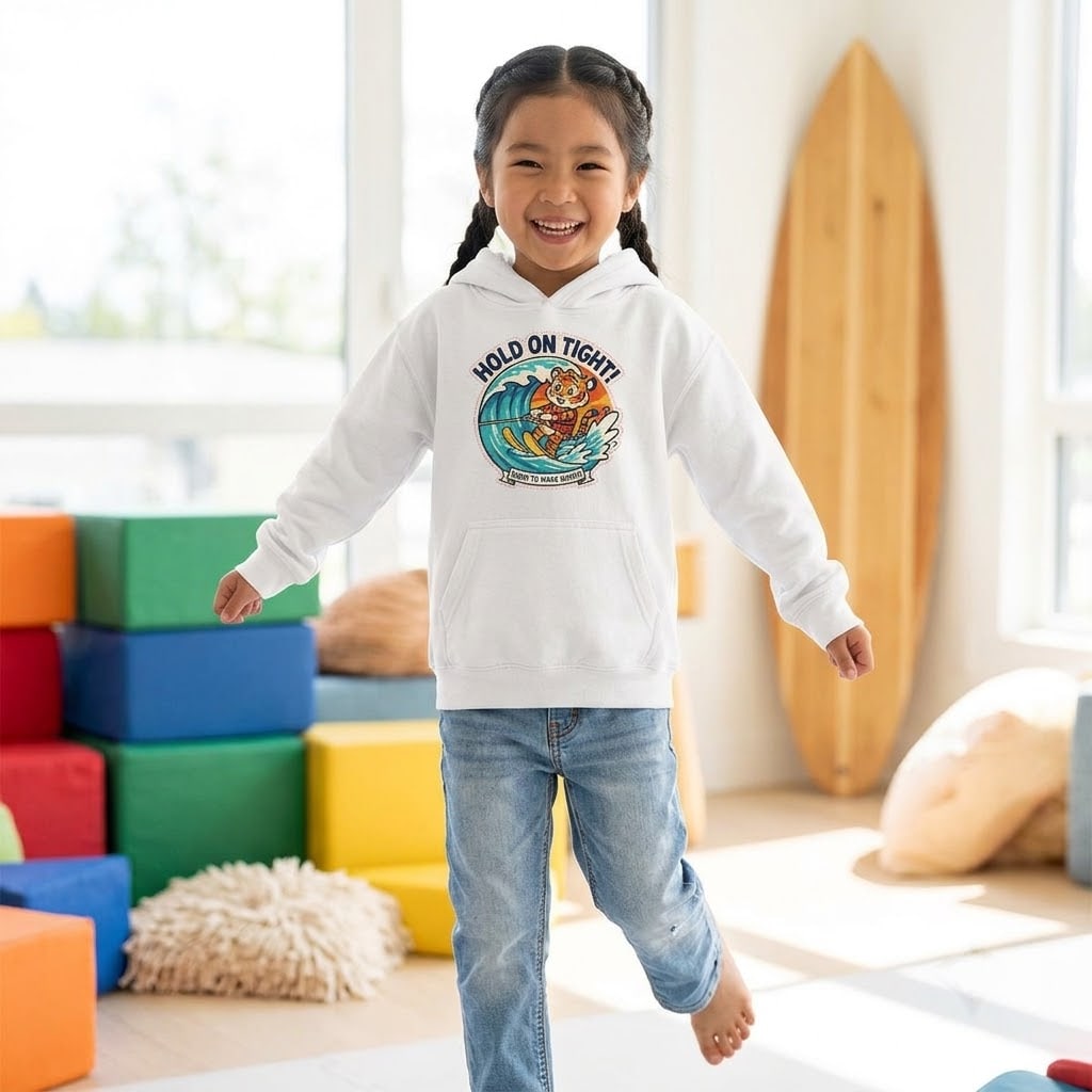 Hold On Tight! — Dramatic Wave-Riding Tiger Cub Kids Hoodie