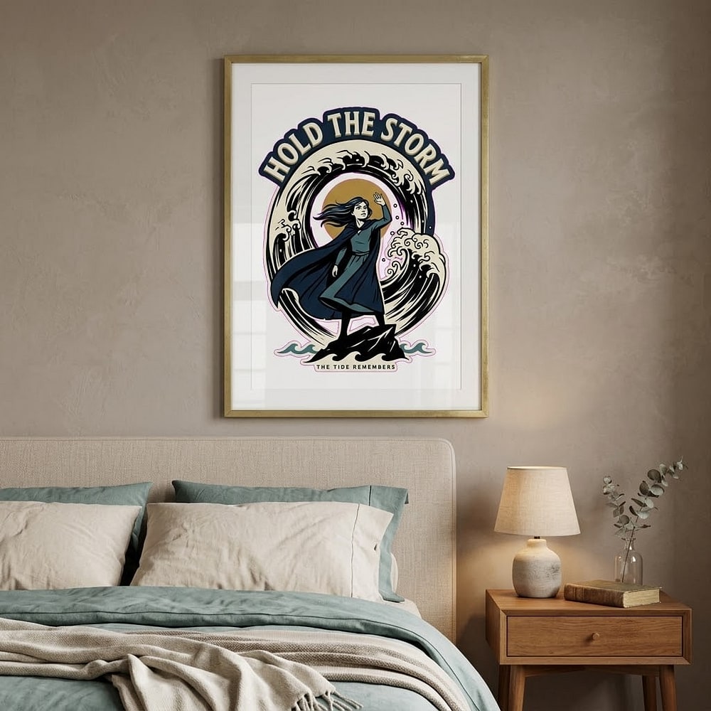 Hold The Storm — Dramatic Sea-Cliff Heroine & Great Wave Matte Poster