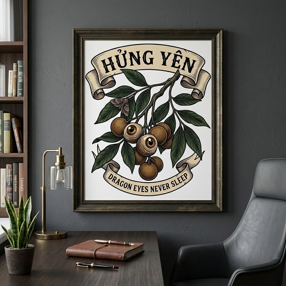 Hưng Yên — Dragon Eyes Never Sleep Dark Botanical Longan Stretched Canvas