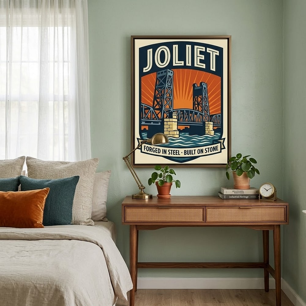 Joliet — Forged in Steel, Built on Stone Vintage Lift Bridge Stretched Canvas