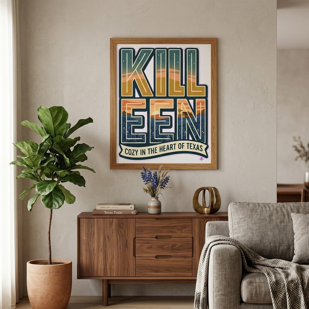 Killeen — Cozy in the Heart of Texas Filled-Letter Wordmark Stretched Canvas