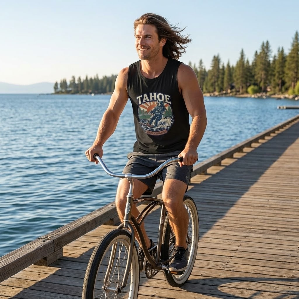 Lake Tahoe — Raised on Big Blue Retro Waterski Bear Men's Muscle Tank