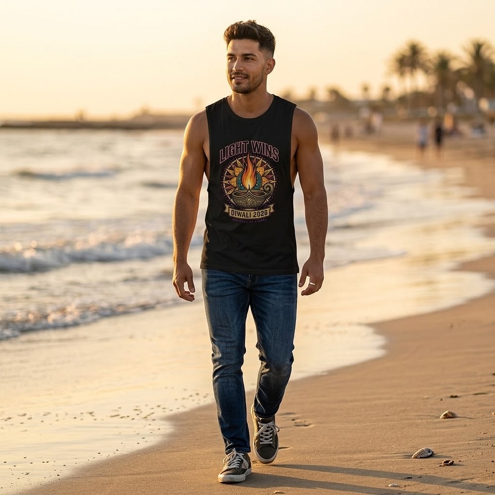 Light Wins — Dramatic Diwali 2026 Blazing Diya Emblem Men's Muscle Tank