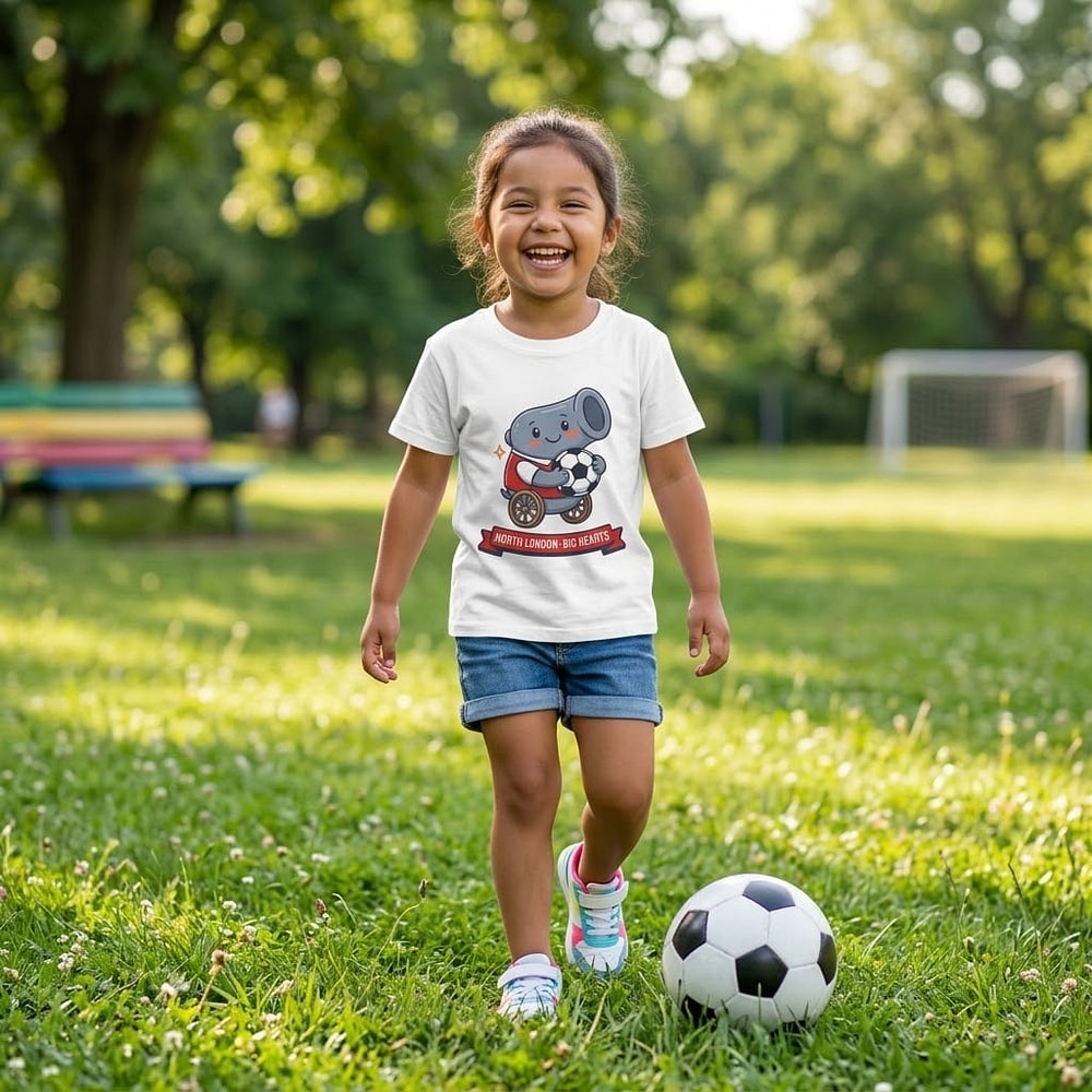 Little Cannon, Big Heart — Wholesome North London Red & White Football Mascot Kids Tee