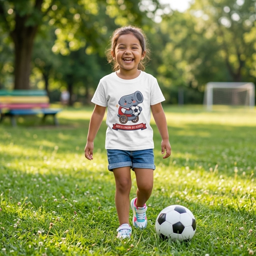 Little Cannon, Big Heart — Wholesome North London Red & White Football Mascot Kids Tee