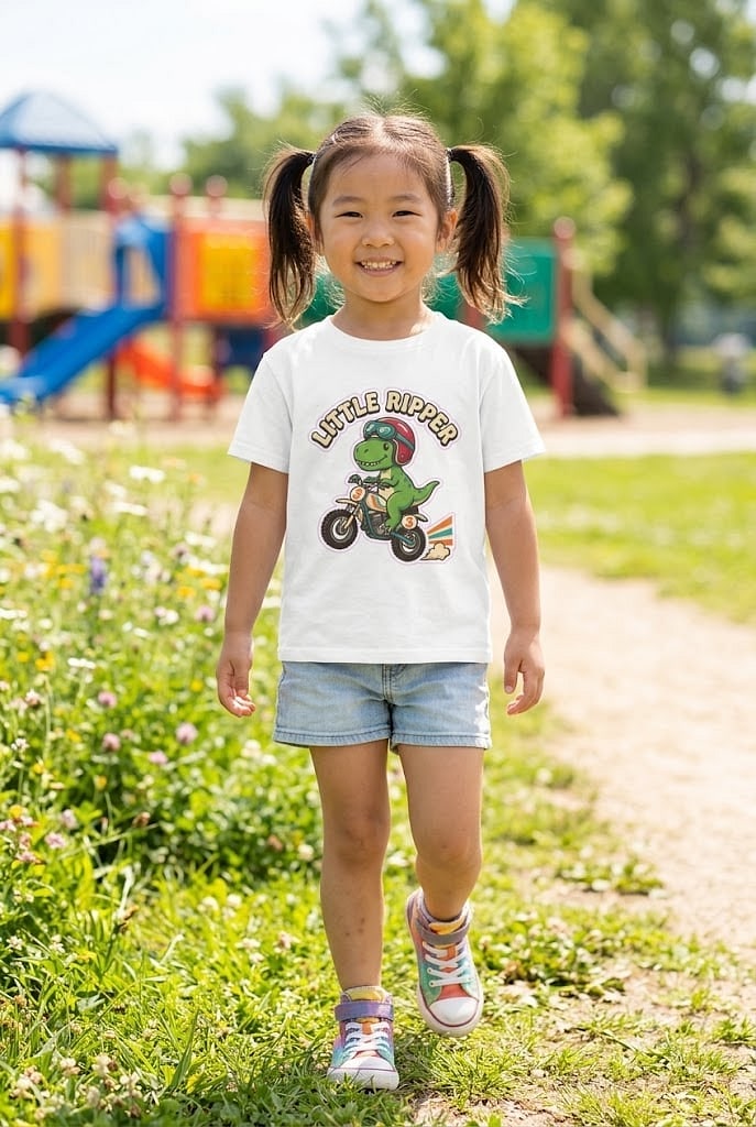 Little Ripper — Retro Motocross Dino Kids Tee