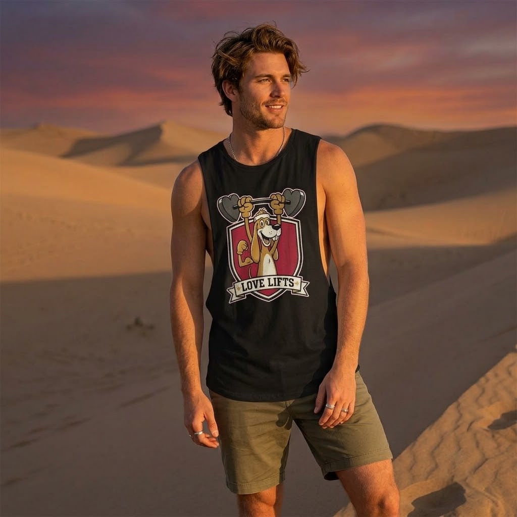 Love Lifts — Goofy Hound Heart-Barbell Crest Men's Muscle Tank
