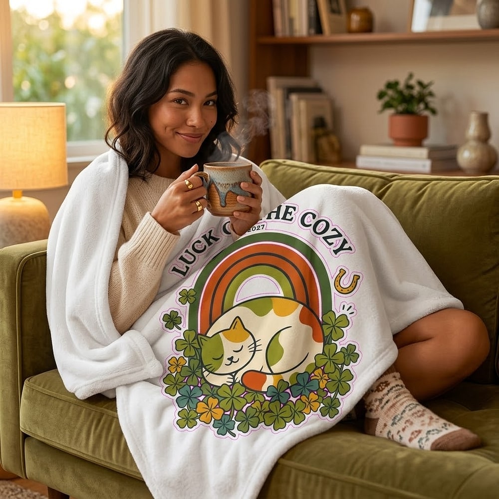 Luck of the Cozy — Nostalgic Retro Rainbow & Clover Cat Plush Blanket