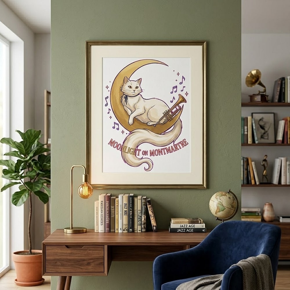 Moonlight On Montmartre — Dreamy Jazz Cat & Crescent Moon Stretched Canvas