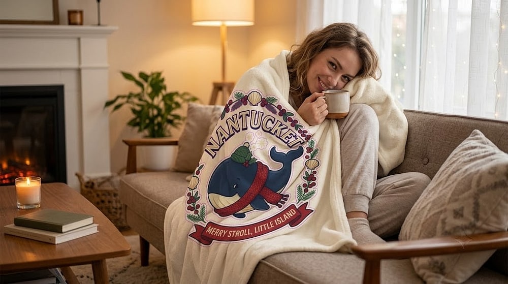 Nantucket — Merry Stroll, Little Island Festive Knit Whale Plush Blanket