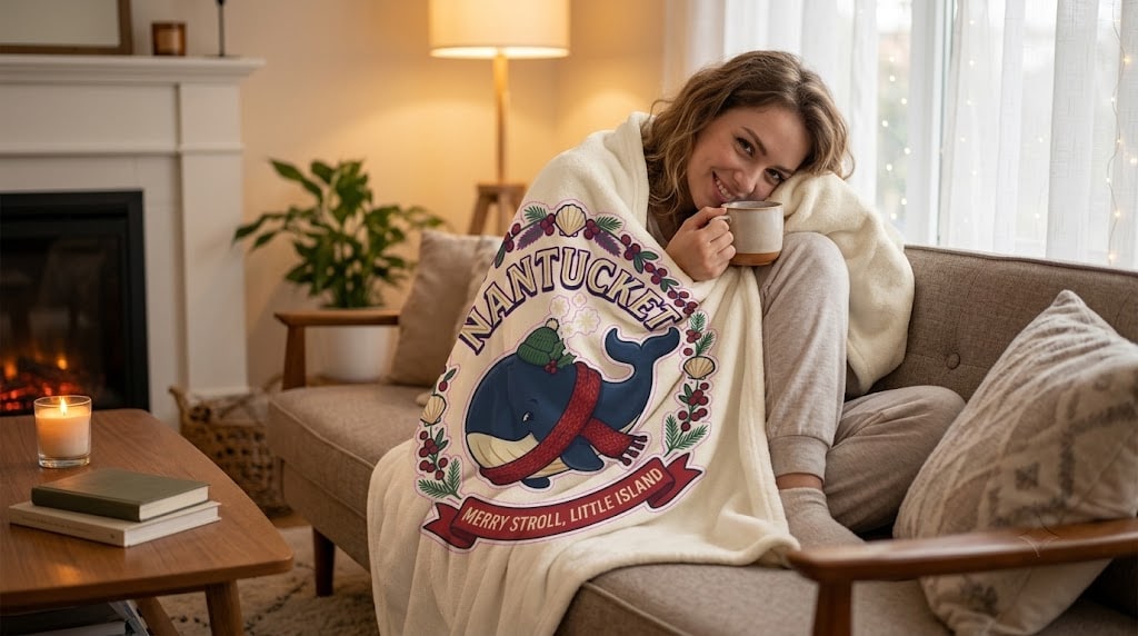 Nantucket — Merry Stroll, Little Island Festive Knit Whale Plush Blanket