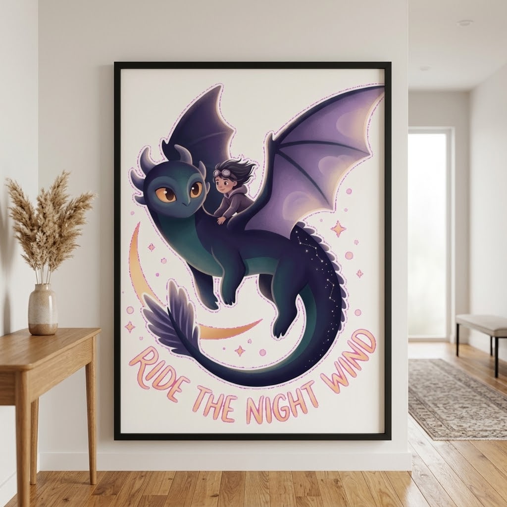 Night Wind Rider — Dreamy Moon Dragon & Young Flyer Matte Poster
