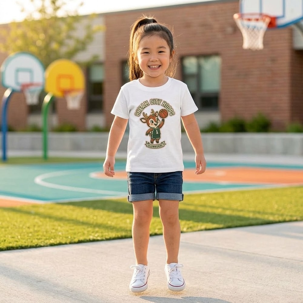 Oh Deer, What a Shot! — Retro Cream City Hoops Fawn Kids Tee