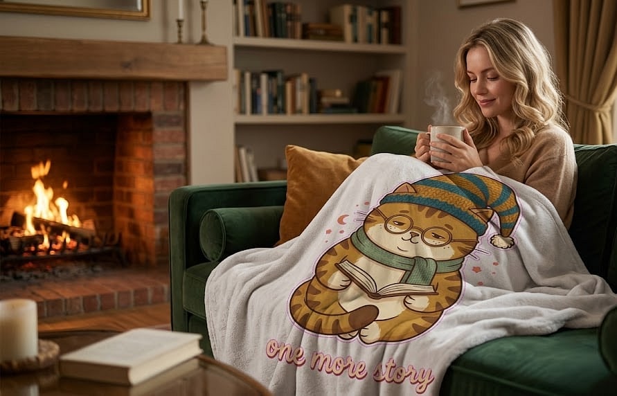 One More Story — Heartfelt Storybook Cat in a Tall Knit Hat Plush Blanket