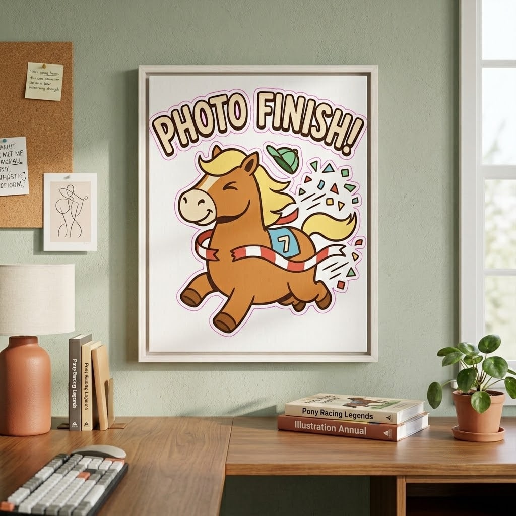 Photo Finish — Cute Nose-Ahead Racing Pony Stretched Canvas