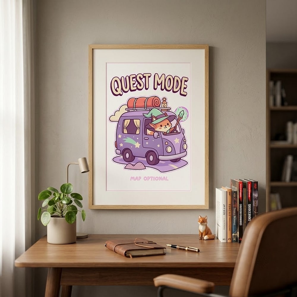 Quest Mode — Kawaii Wizard Fox & Star Camper Matte Poster