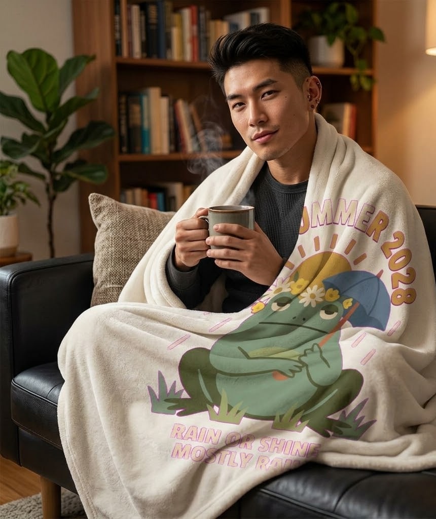 Rain Or Shine, Mostly Rain — Sarcastic Midsummer 2028 Deadpan Daisy-Crown Frog Plush Blanket