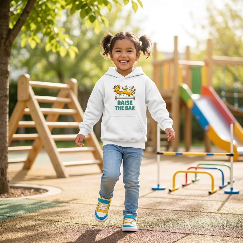 Raise the Bar — Whimsical High Jump Giraffe Kids Hoodie