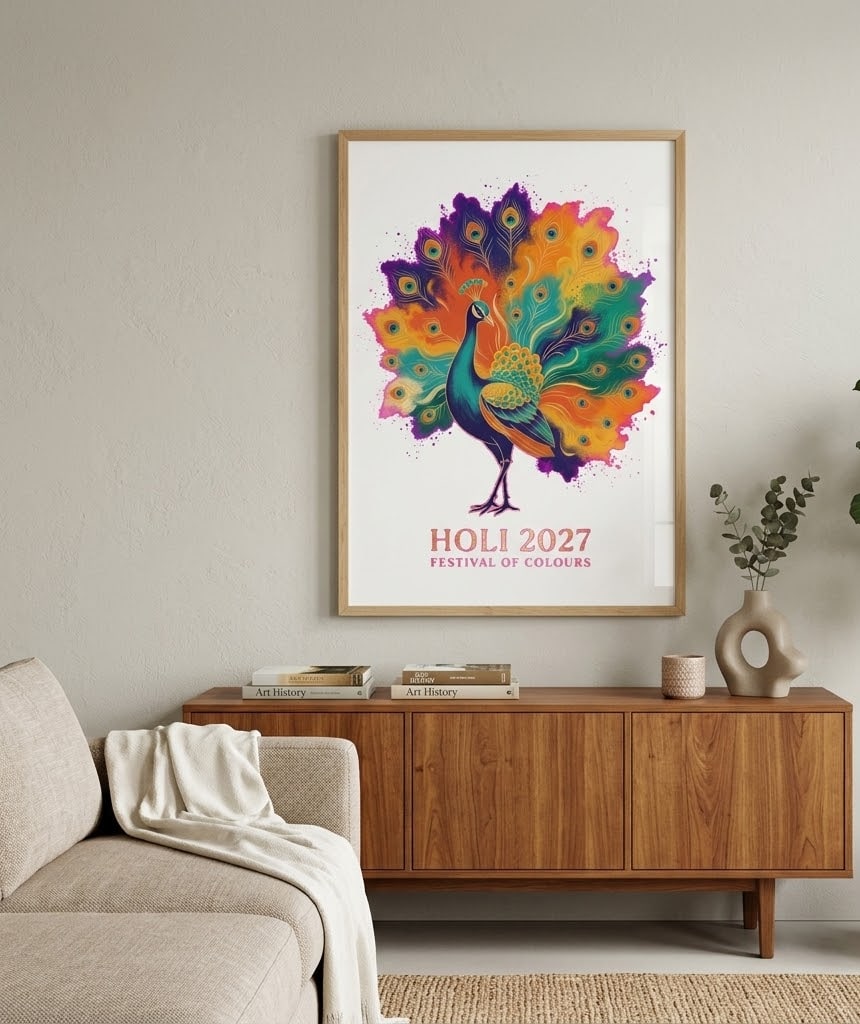 Rang De Grace — Elegant Holi 2027 Gulal Peacock Matte Poster