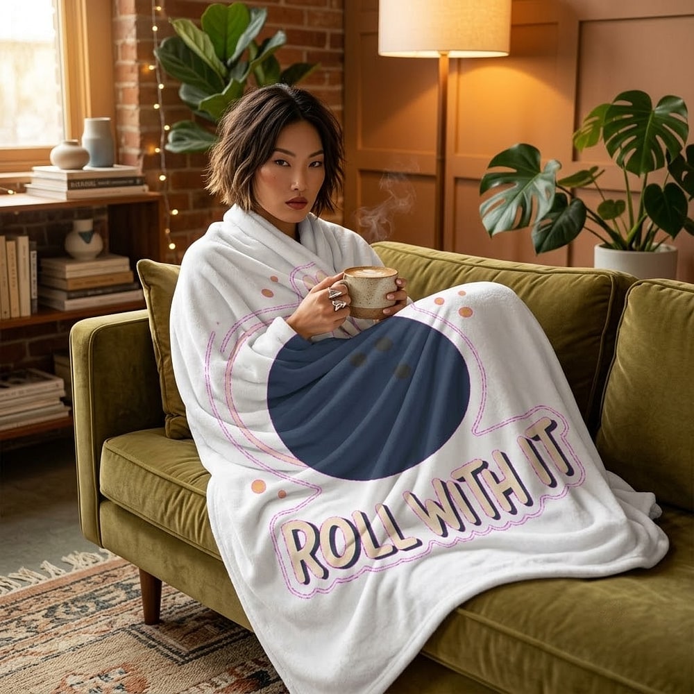 Roll With It — Minimalist Bowling Ball & Pins Plush Blanket