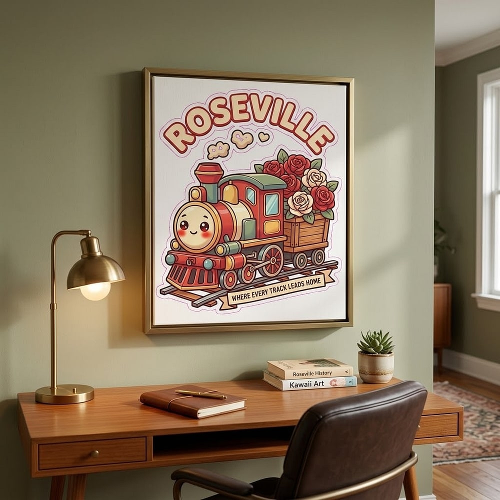Roseville — All Aboard the Rose Express Kawaii Train Stretched Canvas