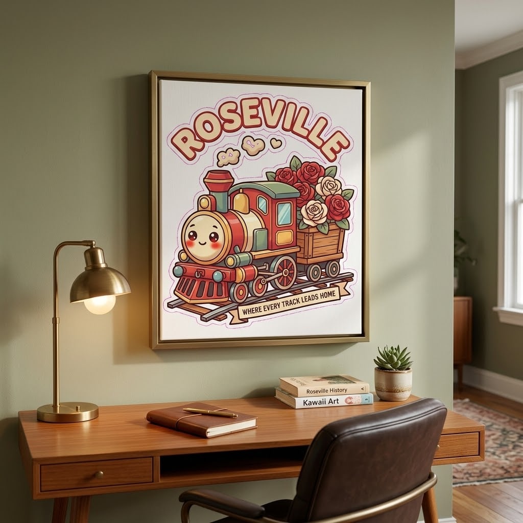 Roseville — All Aboard the Rose Express Kawaii Train Stretched Canvas