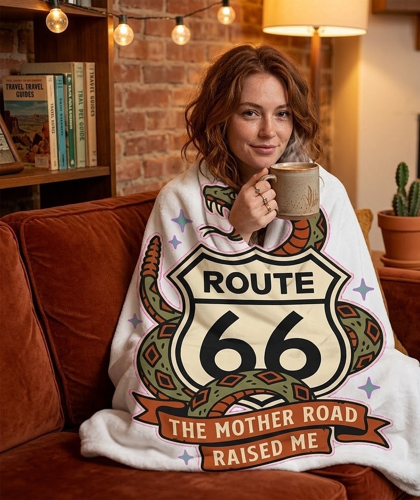 Route 66 — The Mother Road Raised Me Vintage Rattlesnake Highway Shield Plush Blanket