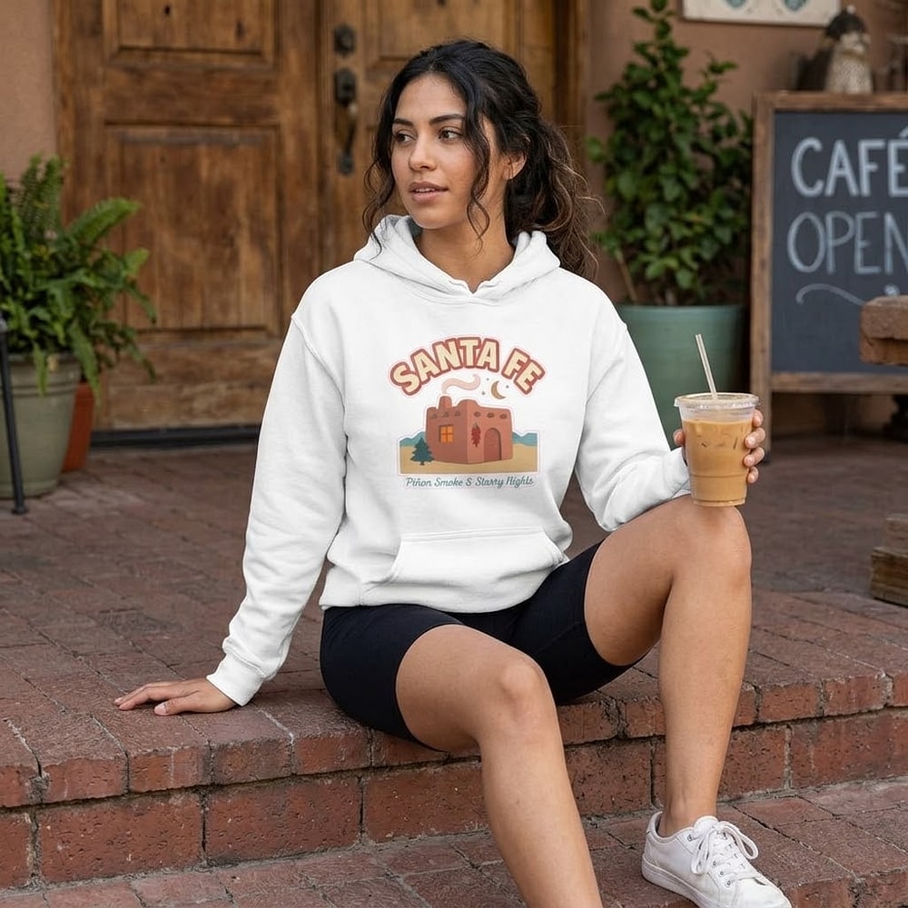 Santa Fe — Piñon Smoke & Starry Nights Cozy Adobe Emblem Pullover Hoodie