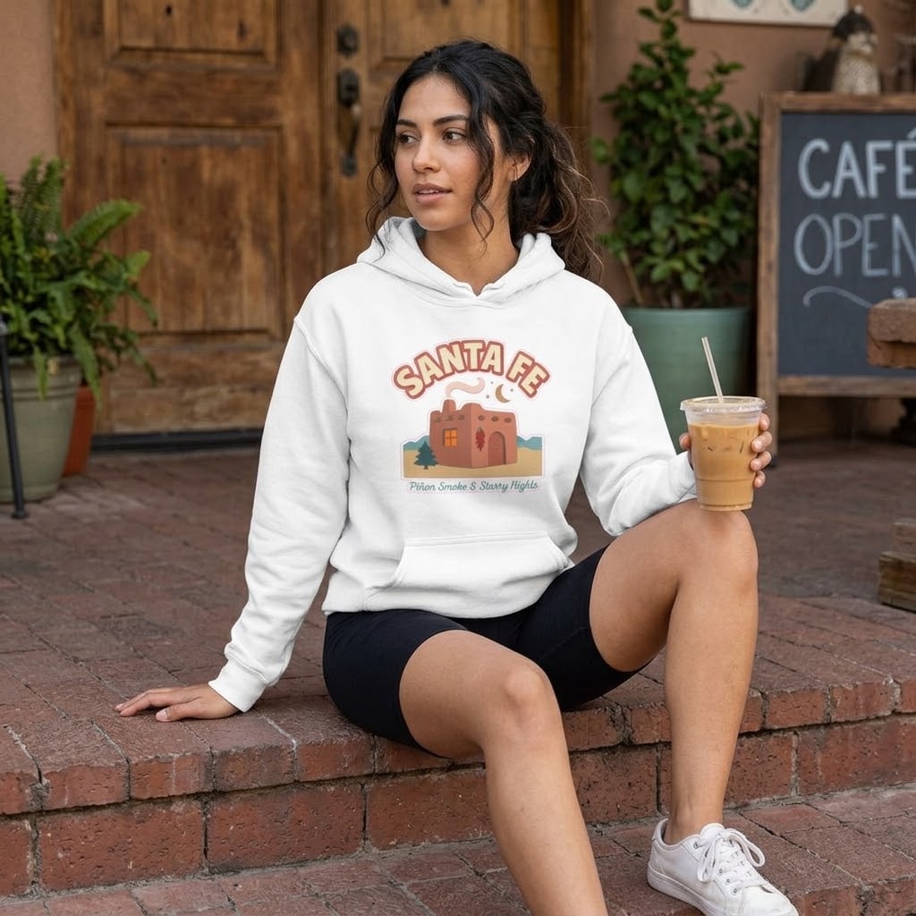 Santa Fe — Piñon Smoke & Starry Nights Cozy Adobe Emblem Pullover Hoodie