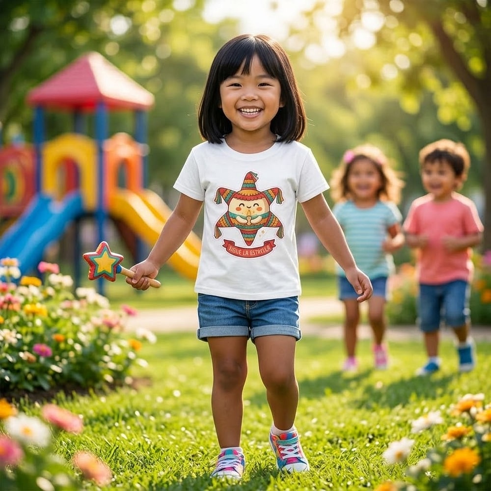 Sigue La Estrella — Kawaii Las Posadas 2027 Star Piñata Kids Tee