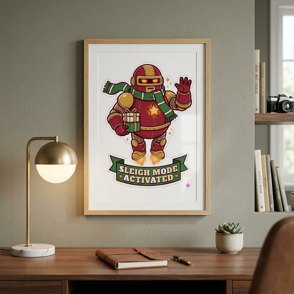 Sleigh Mode Activated — Festive Crimson & Gold Armor Bot Matte Poster