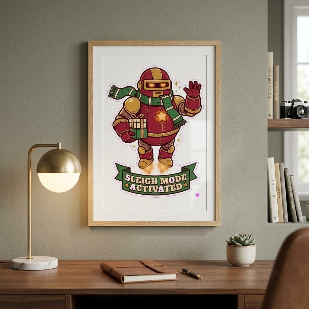 Sleigh Mode Activated — Festive Crimson & Gold Armor Bot Matte Poster